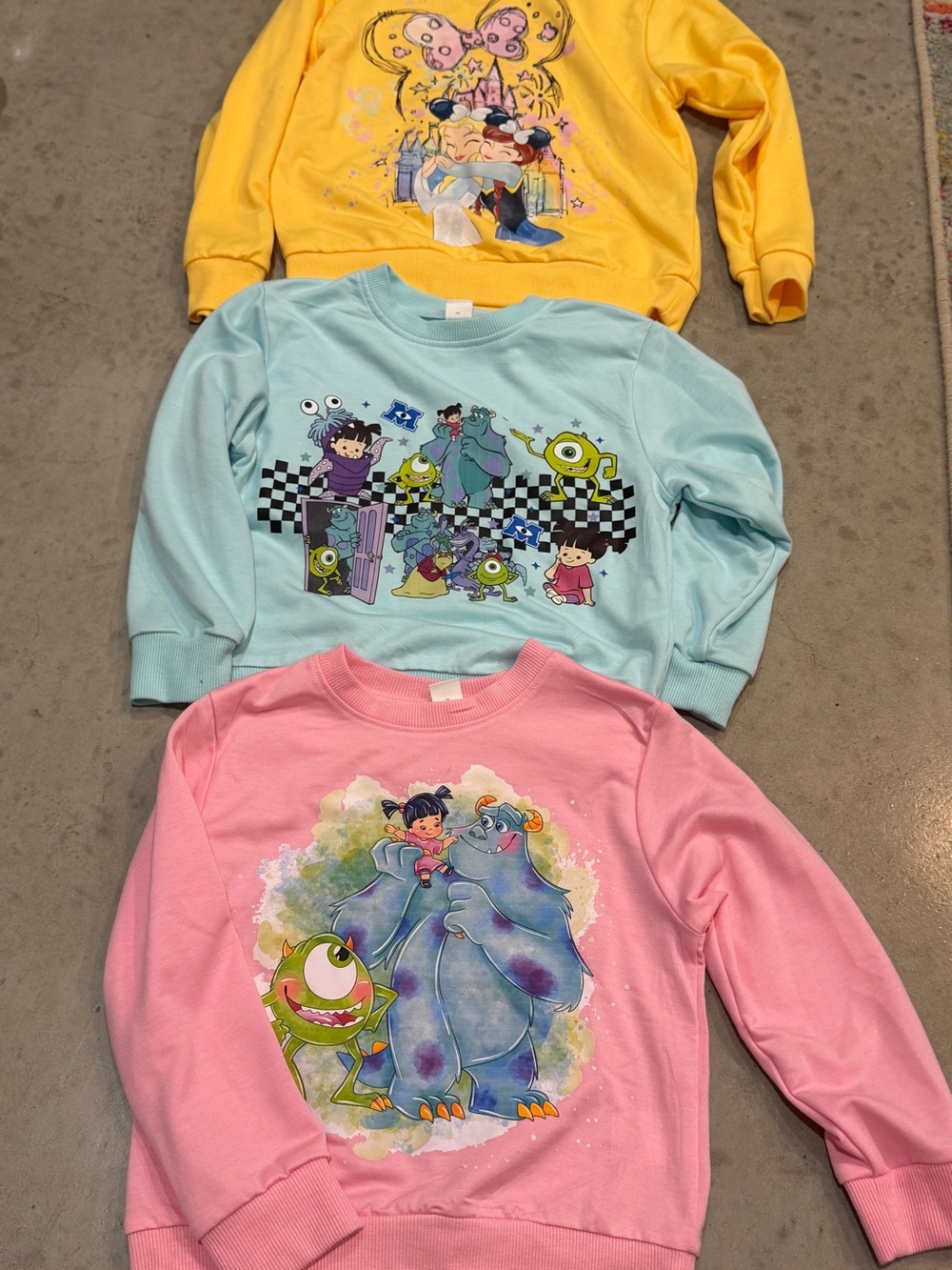 Kids Pink, Light Blue & Yellow Cartoon Crewneck Sweatshirts - Disney-Inspired